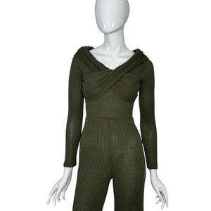 12th Tribe Jumpsuit Greenwich Olive Knit Off The Shoulder Size Small Long Sleeve